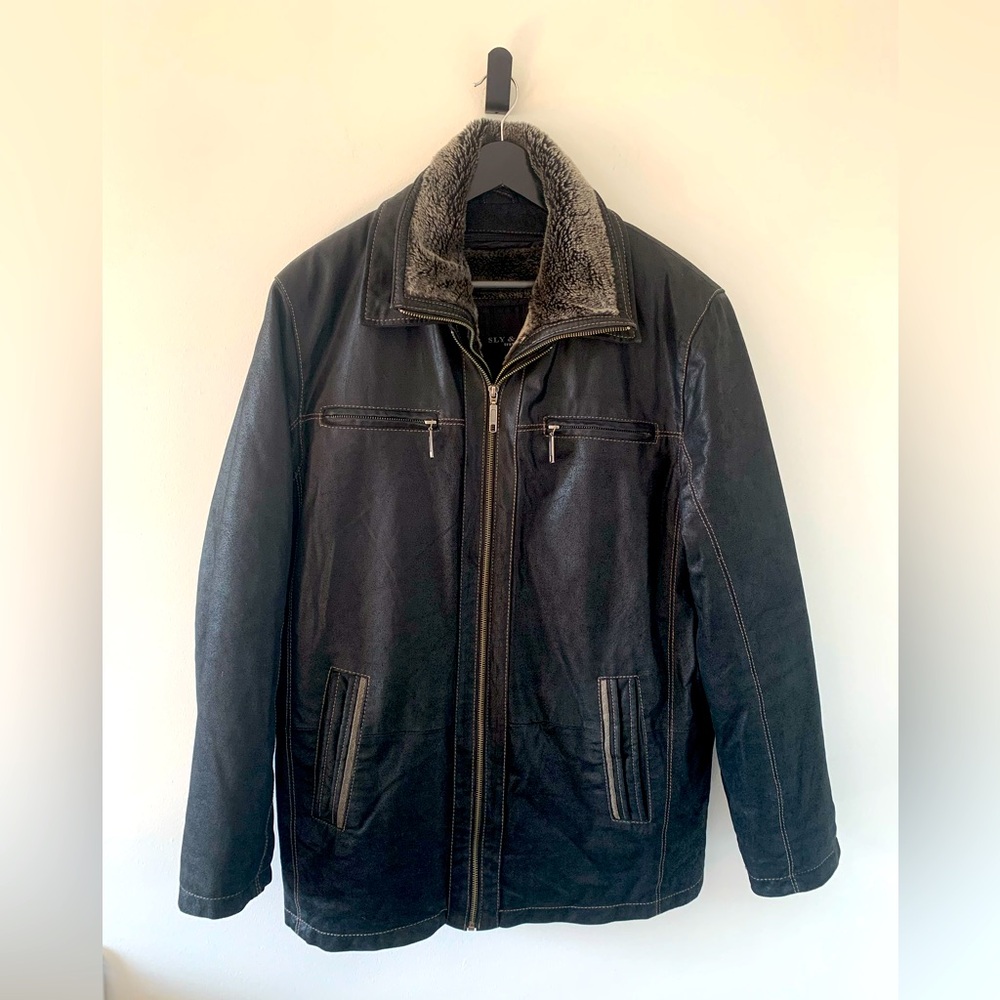 Sly & Co Men's Black/Brown Leather Jacket Faux Fur Detach Collar & Lining Size M